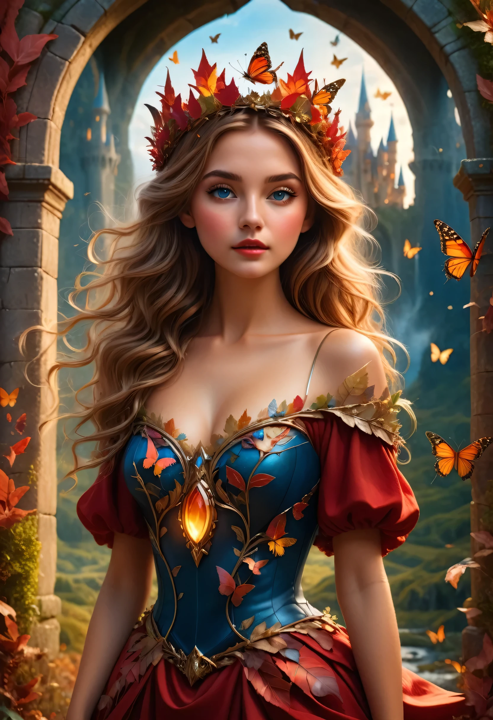 A dynamic knees-up pose of a beautiful 20-year-old woman with messy dark blonde hair, set in a mystical fantasy landscape. She is in front of a portal that leads to a magical castle, surrounded by an enchanting atmosphere. The woman has striking, detailed eyes and lips, with long eyelashes. She wears a crown of red leaves and a dress made of leaves and wildflowers, with butterflies and birds flying around her. The image is photorealistic and hyper-detailed, with intricate details, dramatic lighting, and a cinematic composition in 4K resolution.