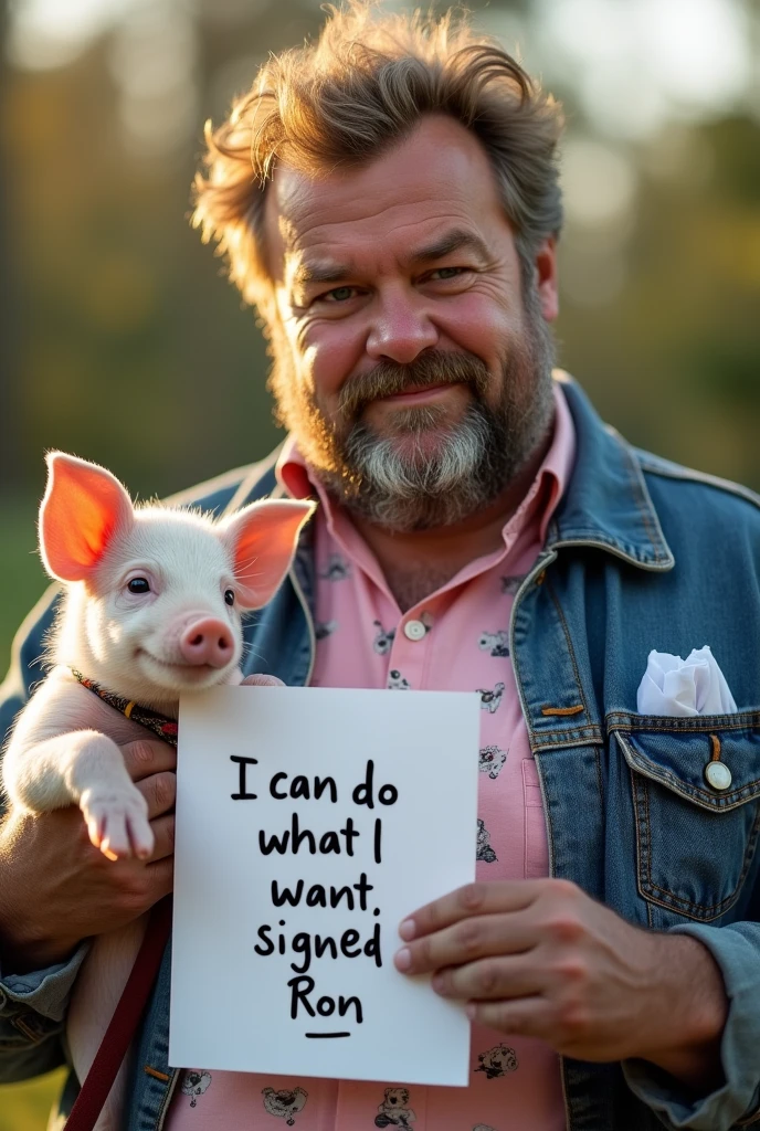A whimsical portrait of Ron Swanson from Parks & Recreation, exuding confidence and smugness as he gazes directly at the camera with a hint of amusement. His weathered, textured skin hints at years of rustic outdoor living, with a subtle yellowing around the eyes and a scattering of fine lines etched on his forehead. A wiry, sandy-blond beard and matching hair graying at the temples contribute to a rugged, mature appearance. A pinkish collarless shirt adorned with a whimsical piglet pattern adds a touch of playfulness, contrasting with Ron's stern demeanor. He's dressed in a casual, worn denim jacket with frayed edges, revealing a crisp white pocket square beneath. On the left hand, Ron holds a leash attached to a charming, tranquil piglet looking up at him with wide, innocent eyes. In his other hand, he cradles a sheet of white paper, inscribed with the bold, capital letters "I can do what I want, signed Ron" in aecided black marker. The lighting setup evokes the warm, gentle glow of early morning sunlight, with a subtle gradient of golden hues on Ron's likened skin. The camera frames a medium shot, capturing the play of morning light on the piglet's soft fur and Ron's weathered skin. The image is rendered in a moderate level of grain, with a subtle filmic texture and a warm, desaturated color palette inspired by the cinematic visual style of Wes Anderson. Depth cues are subtly added through filtered highlights and shadows, creating a sense of dimensionality. The overall mood is characterized by a sense of quiet satisfaction, emphasizing Ron's satisfaction with his signature declaration. As the frame fades, the piglet's tender gaze and Ron's gentle smile convey a deepening sense of empathy and warmth, inviting the viewer to share in Ron's joy.