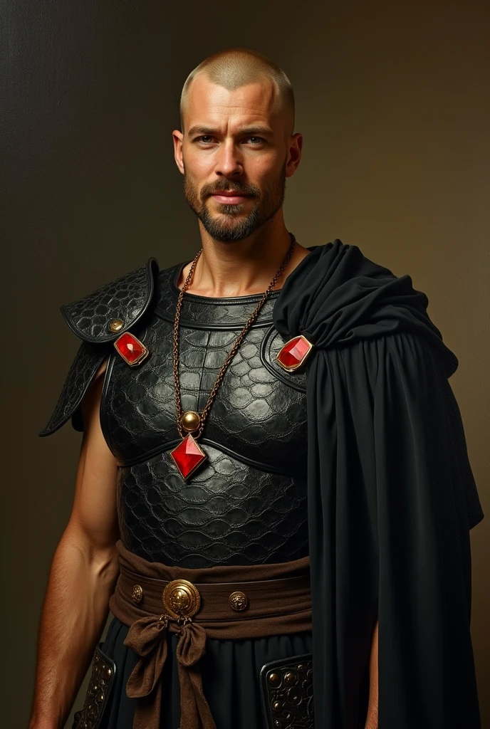 {{Masterpiece, best quality, by John Singer Sargent, full oil painting, muted colors}}, (((((dramatic half body portrait of a 40 years old male ancient Roman soldier, solemn, valiant, tall, upright, brown skin, skinny, blonde, smiling, goatee, buzzcut))))). ((((he is wearing a black, silken, Roman uniform, scale armor lorica, made of iridescent alligator leather, with samurai inspired elements, ronin inspired elements, wearing a large red diamond shape pendant)))).