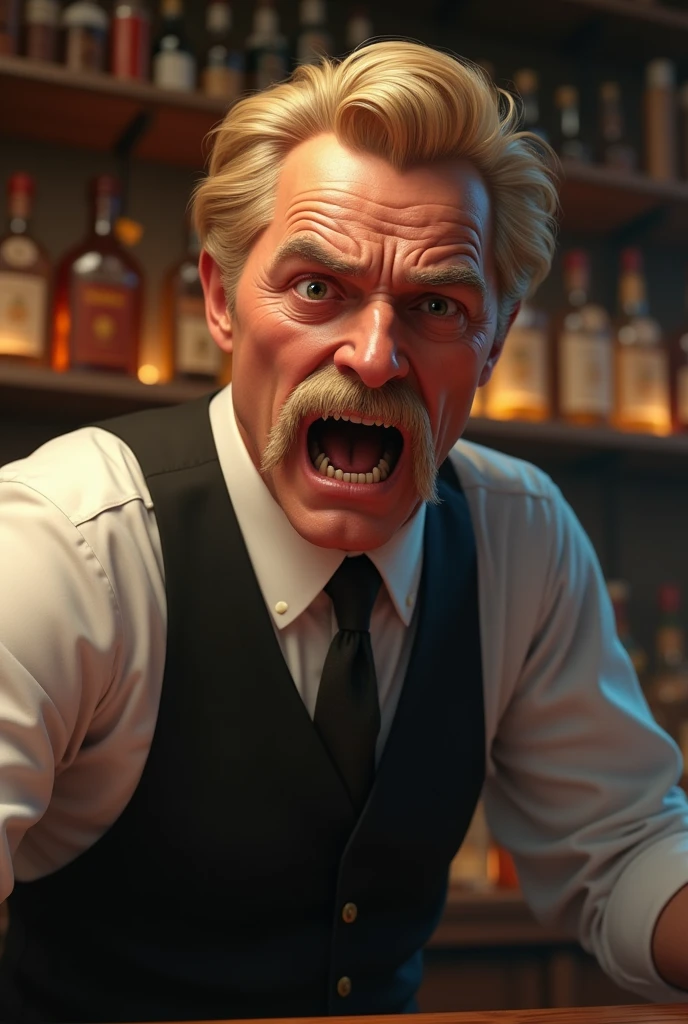 Middle-aged thin character with not very long blond hair and a mustache wearing a bartender&#39;s suit and a fearful face 