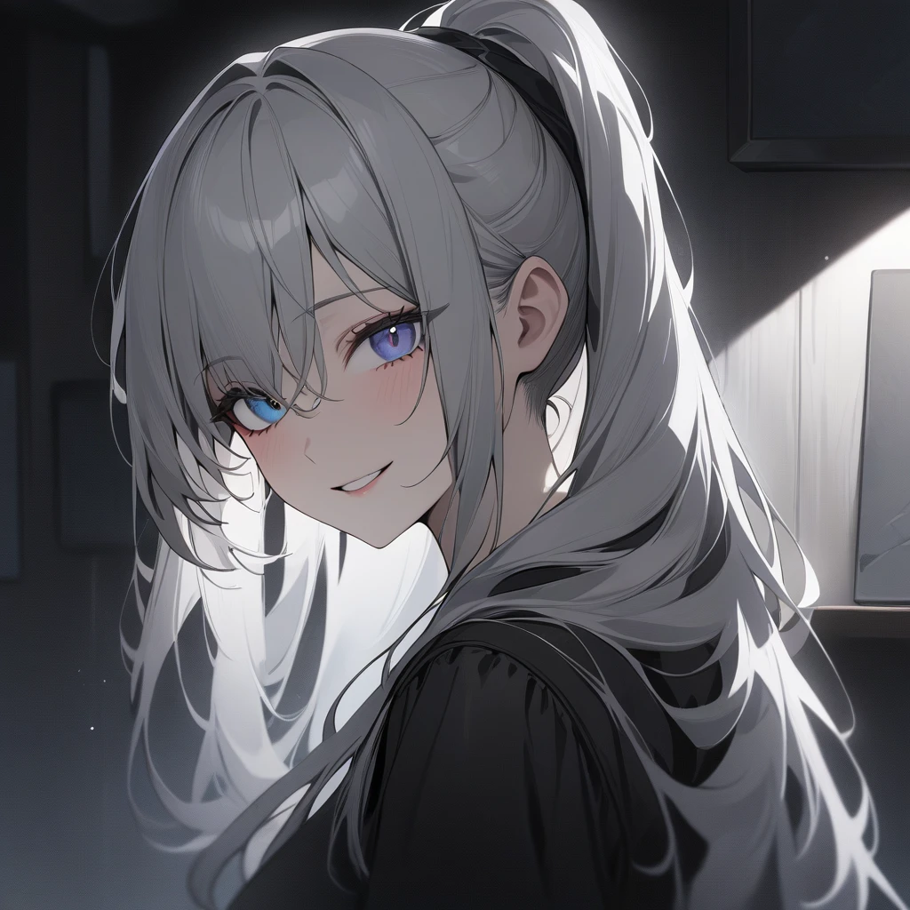 1 girl, solo, grey hair, ponytail, long hair, multicolored eyes, two-tone eyes, gradient eyes, blue eyes, indoor, looking at viewer, portrait, smile, slate dark atmosphere, dark theme, dark wind, masterpiece, best quality, absurdres, highres