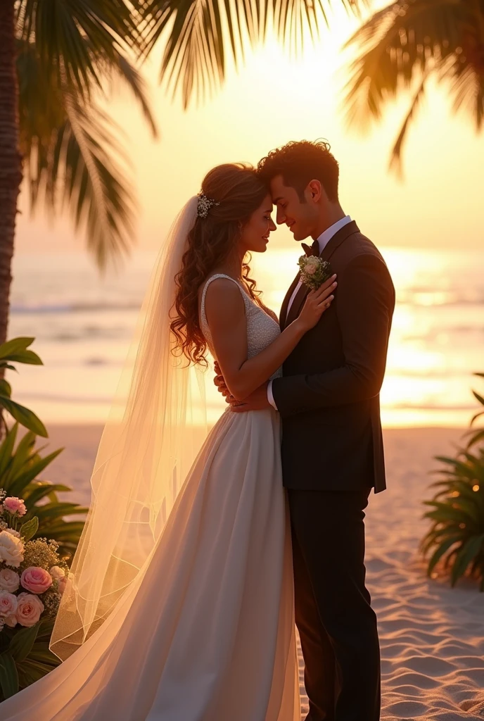 a white straight couple, with curly hair, getting married on the beach, with black hair