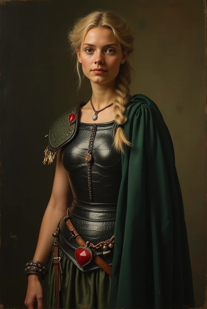 {{Masterpiece, best quality, by Ingres, oil painting, muted colors}}, (((((dramatic half body of a 40 years old female ancient Roman soldier, solemn, valiant, tall, upright, brown skin, skinny, blonde, braid, smile))))). ((((She is wearing black and dark green silken, Roman uniform, scale armor lorica, made of iridescent alligator leather, with samurai inspired elements, ronin inspired elements, wearing a red diamond shape pendant)))).
