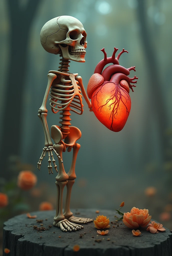 Make a cute image related to Thanatopraxia with skeleton and a heart 