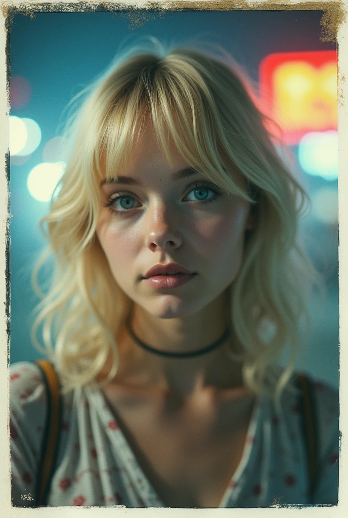 Expired Polaroid of a girl with light blonde hair , round face and blue eyes in a natta city , Kamerablitz, futuristic, romantic, Jewel tones, Motion blur, natta, blurry and out of focus, Black and white photo, ISO 100