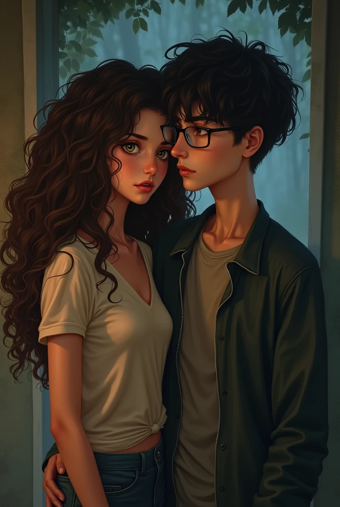 Tall curly brown haired white girl with freckles, next to a tall boy with glasses and short black hair, in a possessive environment