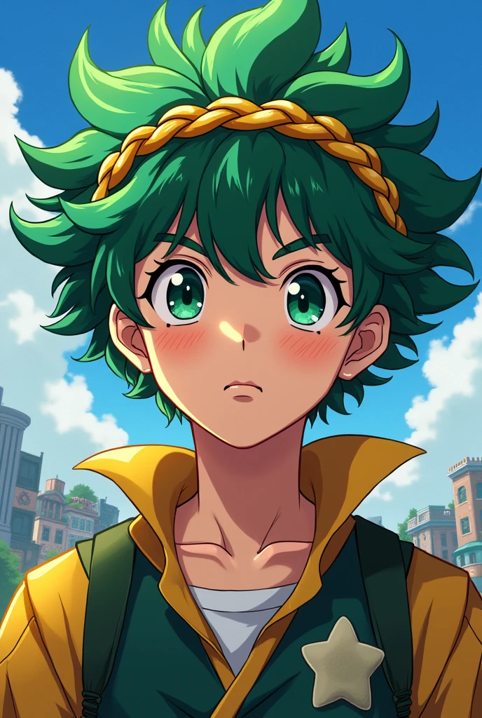 Deku, anime boy with curly green hair, a braided crown, and freckles