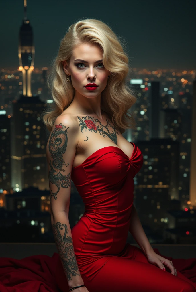 tall blonde woman, strong makeup red lipstick wearing red dress several tattoos on the body, a butterfly tattoo on the chest, buildings in the background, A night city with a large butterfly tattoo on its chest