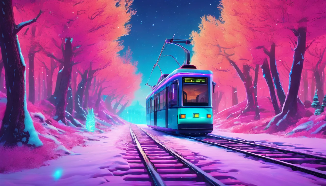 Tram tracks in the countryside, winter, forest visible in the distance, high detail, high resolution, high quality