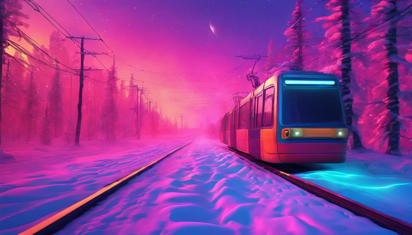 Tram tracks in the countryside, winter, forest visible in the distance, high detail, high resolution, high quality