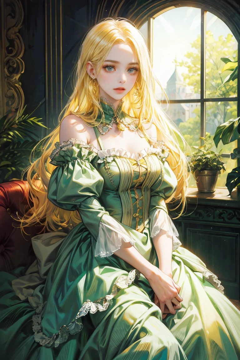 woman with long yellow hair, alone, looking at viewer, green eyes, Green dress with frills on the sleeves, princess