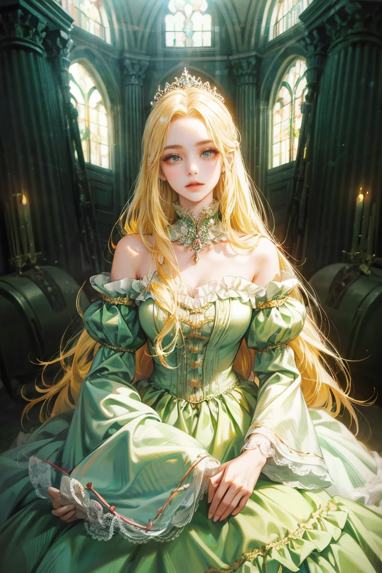 woman with long yellow hair, alone, looking at viewer, green eyes, Green dress with frills on the sleeves, princess