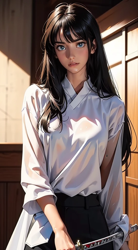 (best quality: 1.2), clean face, (masterpiece: 1.2, 8k) perfect anatomy, 1girl,a beautiful fashion model ,(masterpiece, official art, best quality ,long and shiny hair,, ,Bigchest,Revealing Outfit, Wet straight hair, Sweating profusely,best qualtiy,,,ultra - detailed,facing at camera,A high resolution,ultra - detailed),Very long hair,Combat posture,Sword in one hand, blunt bangs