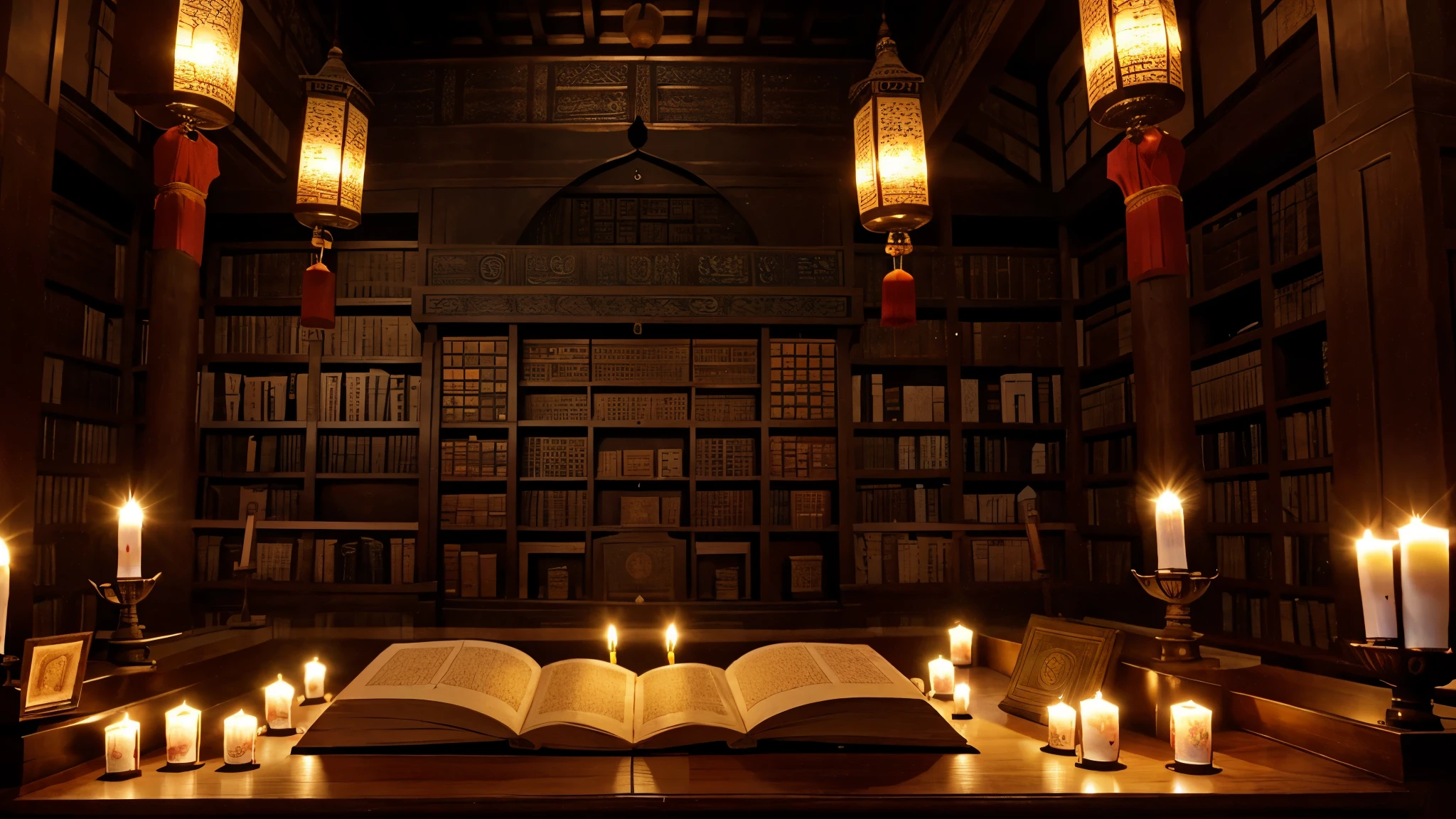 [An ancient Islamic library], with scholars transcribing manuscripts on Chinese paper. The environment must be serene and (((illuminated by candles))), with shelves full of books and a globe, symbolizing the dissemination of knowledge.