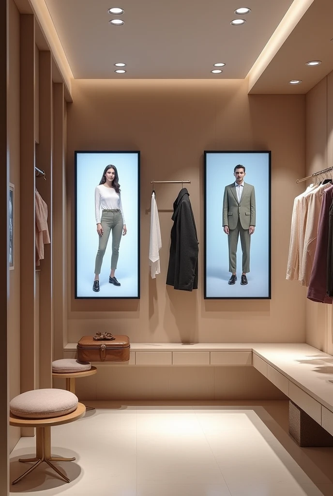 I need an image illustrating a private store fitting room equipped with smart screens. In the image, Screens should be wall mounted or integrated into the fitting room furniture, showing the option to request different sizes or colors without leaving the area. besides, The screens should offer product recommendations based on user preferences and allow shoppers to visualize how different clothing combinations would look. The fitting room environment should look modern and comfortable., with a clean design that integrates the screens in a functional and aesthetically pleasing way.