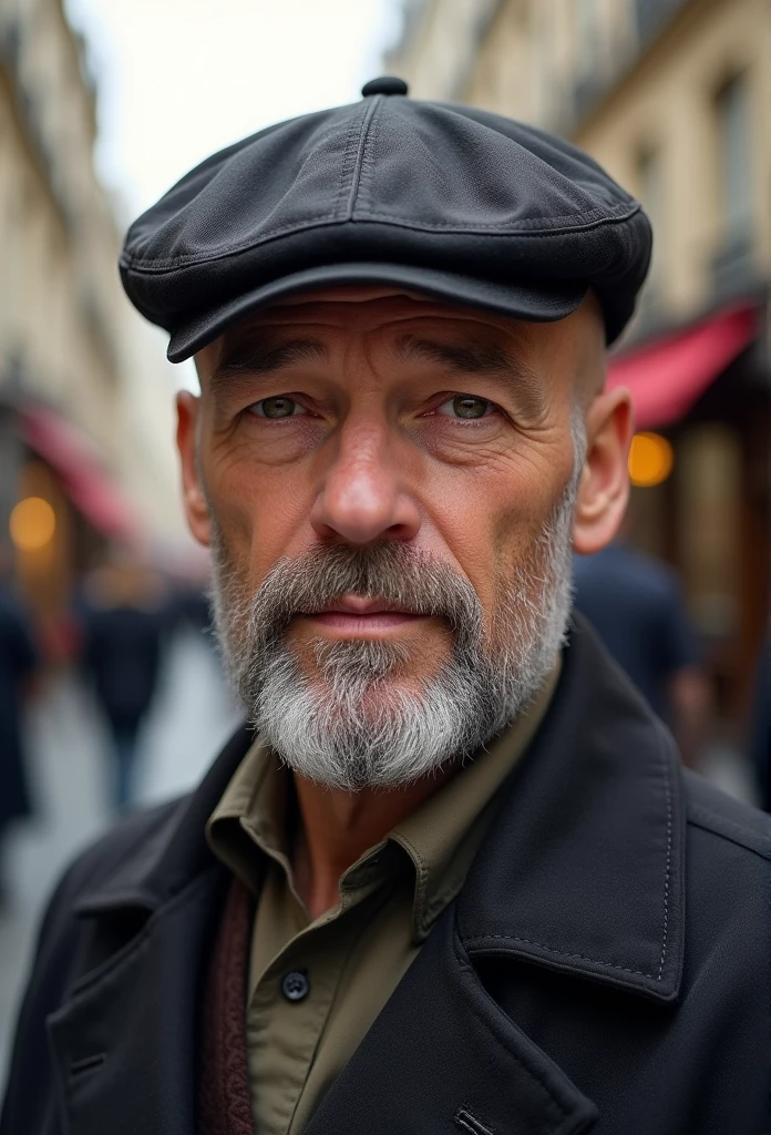 50 year old man. ultra realistic. 4K. bald. bearded. Casquette de conduite. Well dressed. streets of paris. head and shoulders.
