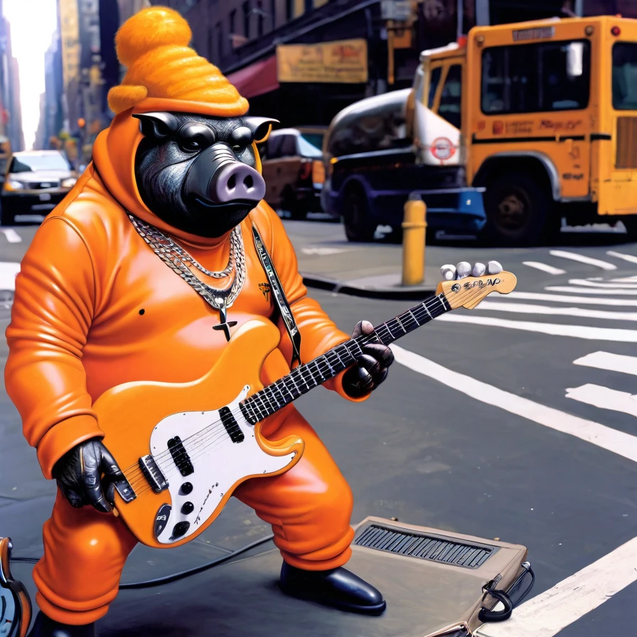 Big Fat Robot Ape Pig Robot Monster Man, Faz Hat, Orange Tracksuit, cross necklace, holding Electric Guitar, New York City