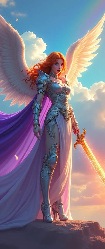 fantasy art, epic fantasy art,  a female angel standing guard in heaven, her wings spread wide, she holds a (fiery sword: 1.2), wearing intricate armor, white armor, she is wearing purple cloak, wearing high heeled boots, flowing cloak, most beautiful angel, (best detailed face: 1.5) orange hair, wavy hair, epic hair, blue eyes, ((glowing blue eyes: 1.3)),  heavenly clouds, rainbow background. divine rays, vibrant, Ultra-high resolution, High Contrast, (masterpiece:1.5), highest quality, Best aesthetics), best details, best quality, highres, ultra wide angle, 16k, [ultra detailed], masterpiece, best quality, (extremely detailed: 1.5),