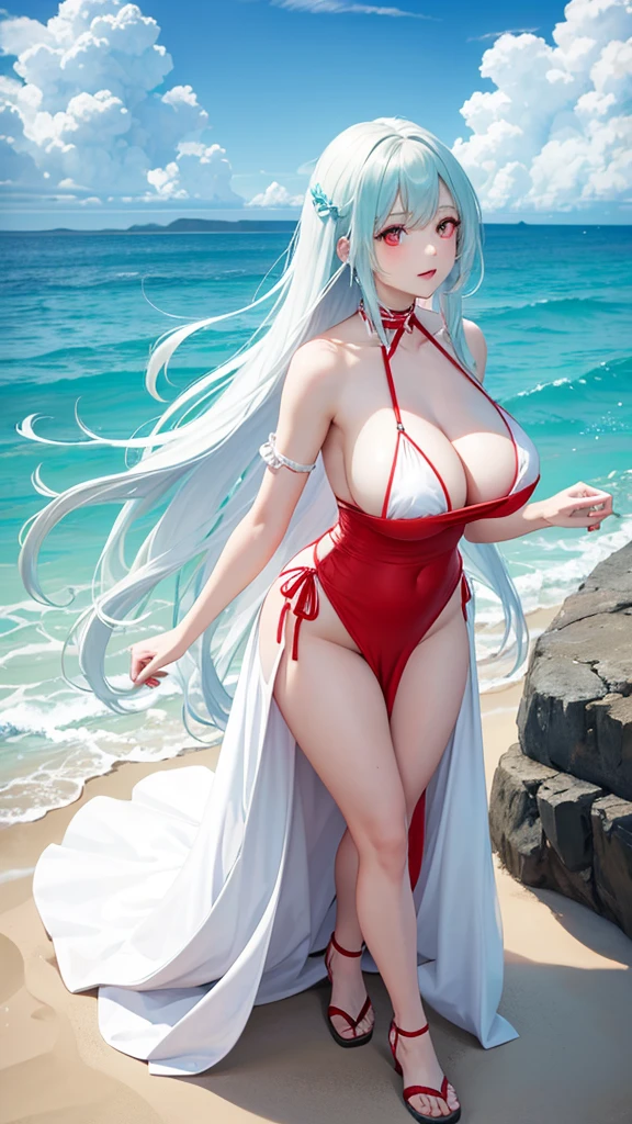 Long white hair, red eyes, woman, adult, turquoise  summer dress, large breasts, beach