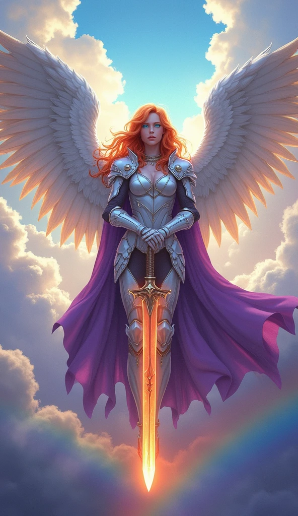 fantasy art, epic fantasy art,  a female angel standing guard in heaven, her wings spread wide, she holds a (fiery sword: 1.2), wearing intricate armor, white armor, she is wearing purple cloak, wearing high heeled boots, flowing cloak, most beautiful angel, (best detailed face: 1.5) orange hair, wavy hair, epic hair, blue eyes, ((glowing blue eyes: 1.3)),  heavenly clouds, rainbow background. divine rays, vibrant, Ultra-high resolution, High Contrast, (masterpiece:1.5), highest quality, Best aesthetics), best details, best quality, highres, ultra wide angle, 16k, [ultra detailed], masterpiece, best quality, (extremely detailed: 1.5),