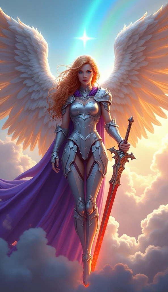 fantasy art, epic fantasy art,  a female angel standing guard in heaven, her wings spread wide, she holds a (fiery sword: 1.2), wearing intricate armor, white armor, she is wearing purple cloak, wearing high heeled boots, flowing cloak, most beautiful angel, (best detailed face: 1.5) orange hair, wavy hair, epic hair, blue eyes, ((glowing blue eyes: 1.3)),  heavenly clouds, rainbow background. divine rays, vibrant, Ultra-high resolution, High Contrast, (masterpiece:1.5), highest quality, Best aesthetics), best details, best quality, highres, ultra wide angle, 16k, [ultra detailed], masterpiece, best quality, (extremely detailed: 1.5),