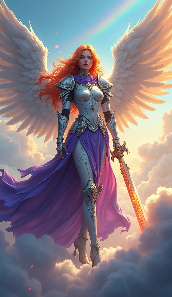 fantasy art, epic fantasy art,  a female angel standing guard in heaven, her wings spread wide, she holds a (fiery sword: 1.2), wearing intricate armor, white armor, she is wearing purple cloak, wearing high heeled boots, flowing cloak, most beautiful angel, (best detailed face: 1.5) orange hair, wavy hair, epic hair, blue eyes, ((glowing blue eyes: 1.3)),  heavenly clouds, rainbow background. divine rays, vibrant, Ultra-high resolution, High Contrast, (masterpiece:1.5), highest quality, Best aesthetics), best details, best quality, highres, ultra wide angle, 16k, [ultra detailed], masterpiece, best quality, (extremely detailed: 1.5),
