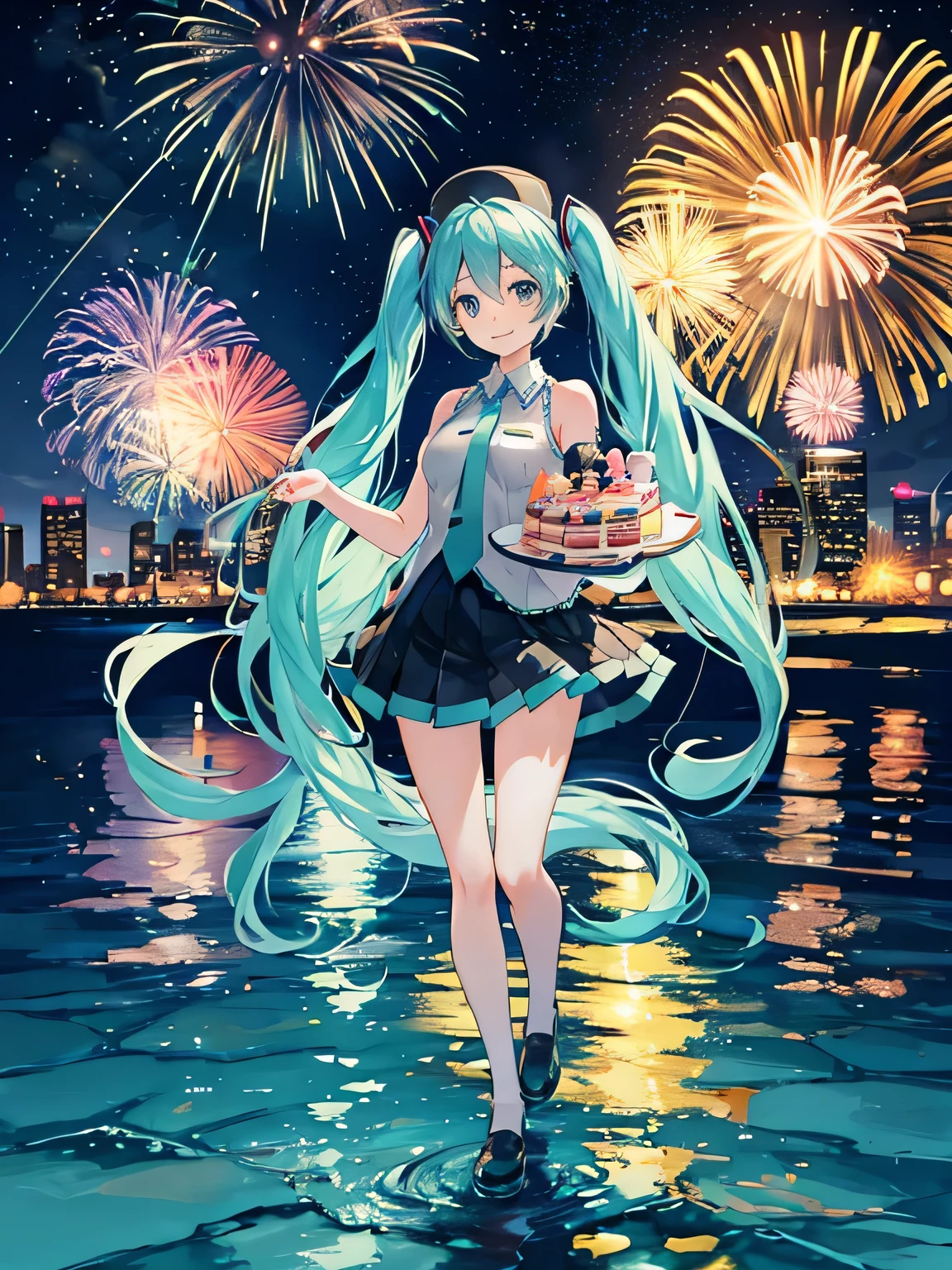 Anime girl Hatsune Miku with birthday cake and candle on it with number 7. Fireworks in the background.