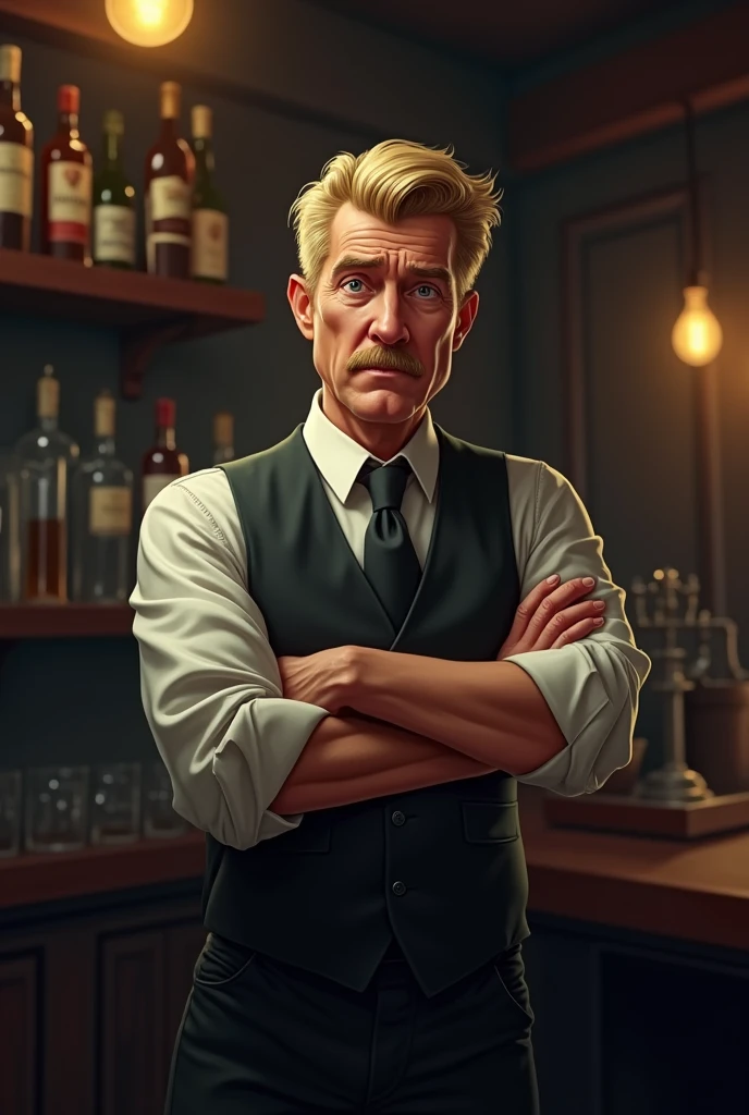 Middle-aged thin character with not very long blond hair and a mustache wearing a bartender&#39;s suit and a worried face 