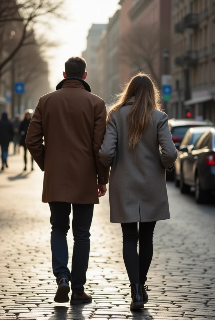 A man walking around the street with his girlfriend