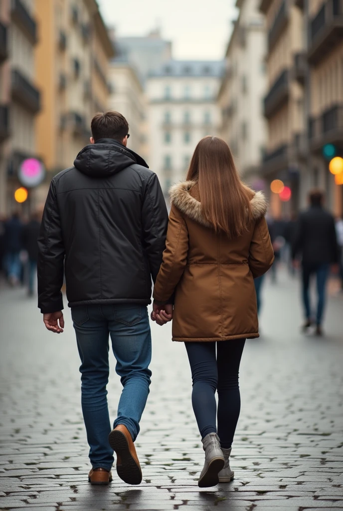 A man walking around the street with his girlfriend