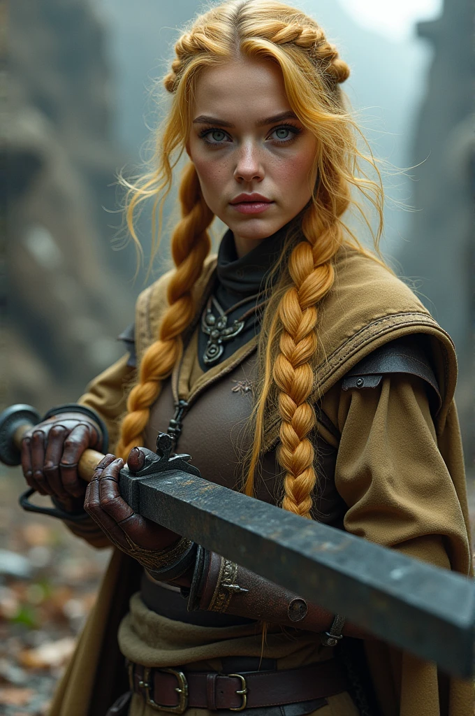 Create a beautiful 28 year old girl, with yellow hair, tied on both sides and holding a large weapon