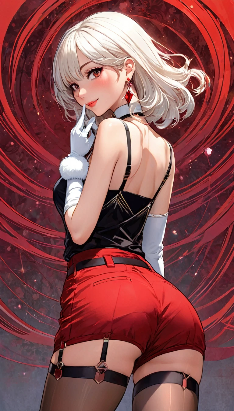 from behind, On her knees, her hair flying, her left hand pointing to the sky, the anime girl is a solitary presence. Jeweled earrings and white gloves adorn her wrists. Her thigh straps peek out from under her shorts and pantyhose, and she smiles and looks at the viewer. Her sleeveless top exposes her shoulders, and her lips speak., Maximum detailed textures, Maximum detailed shadows, Maximum detailed backgrounds, ,full body, ,sinozick style,,sinozick style, ,RED theme,intricate line drawing, Bill Sienkiewicz inspired art