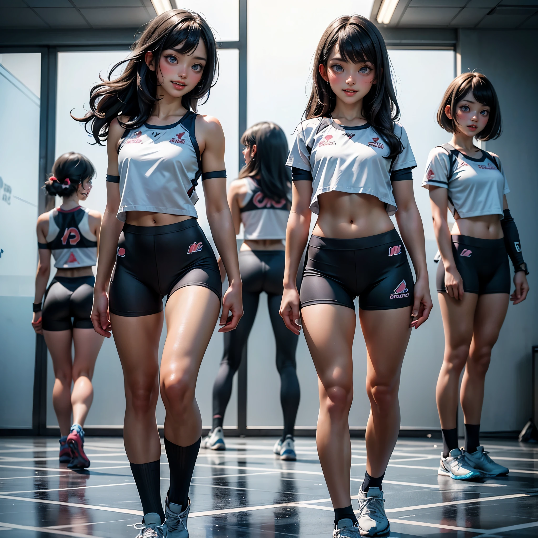 ExtremelyDetailed (((Athletes Team Kawaii Girls in a row:1.4))), Childish perfect face, Reflective Eyes, Detailed(Delicate Clothing textures), Corrected Leg to Foot Line, Corrected Perfect Hand, Dynamic Joyful Expressions LifeLike Rendering, ((Specular Reflection:1.28)), TopQuality 8K Ultra-detailed masterpiece (ProfessionalPhoto:1.37)(Acutance:0.8),(Luminism:1.22), ((Changing Clothes Exposed Underwear))