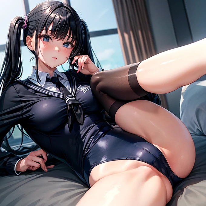 A woman with a penis between her legs　A woman in a school uniform and a shiny black high-cut school swimsuit　　With legs apart　縦ロールヘアー