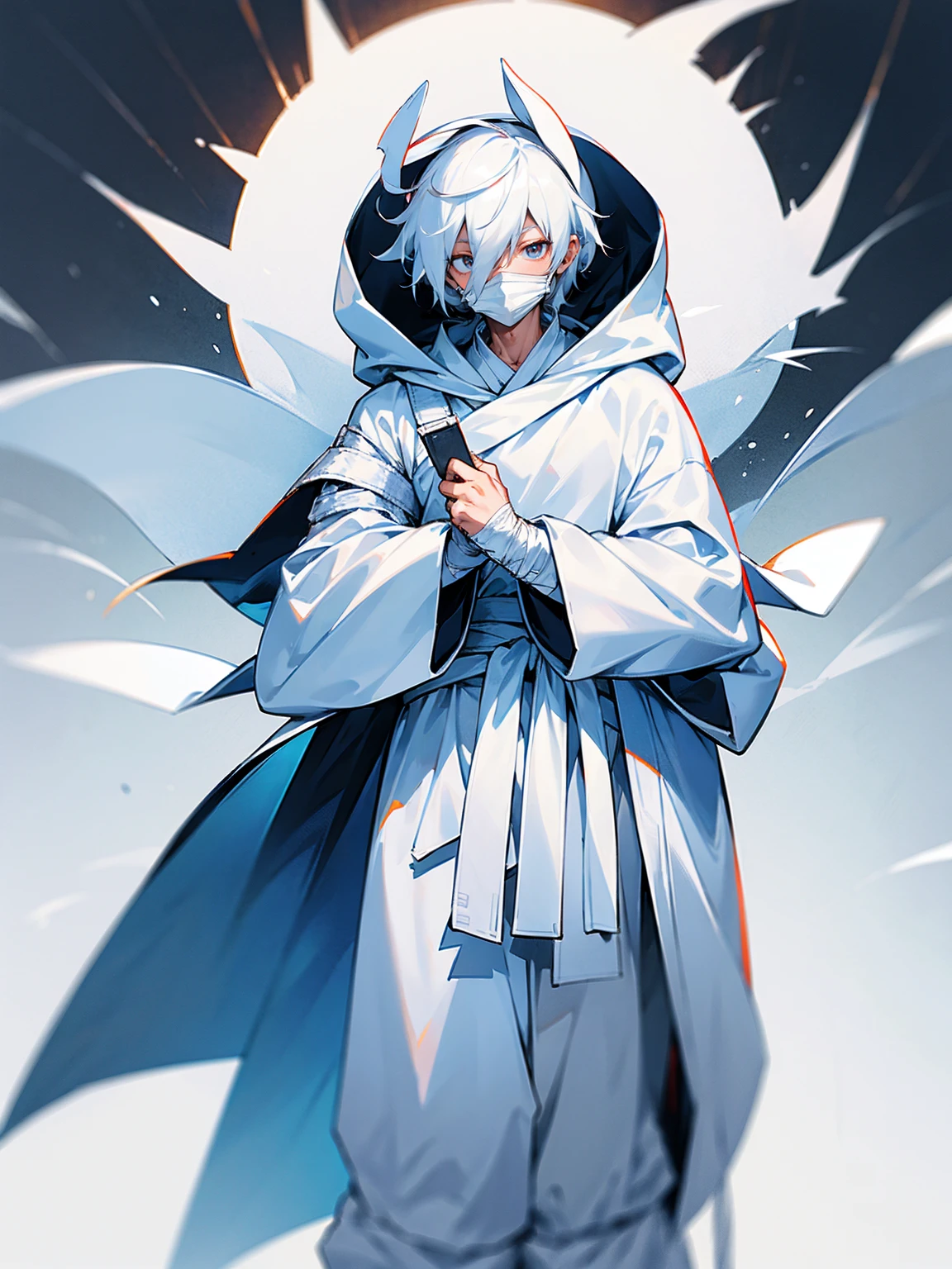 1male, white hair, white mask, white cloak, hood over head, white bandages on arm, white yukata, white sweatpants, tied to waist, no pupils, serious