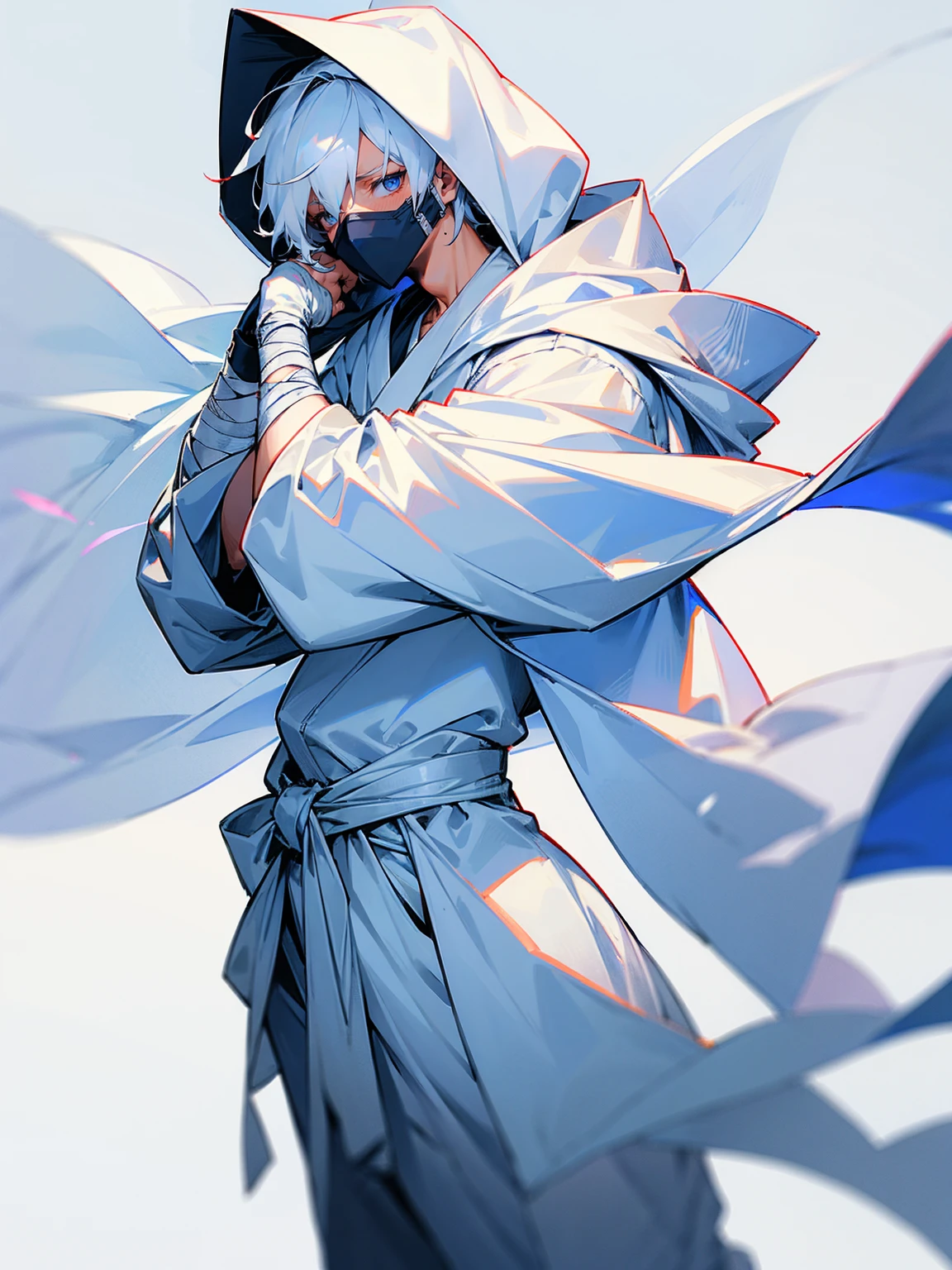 1male, white hair, white mask, white cloak, hood over head, white bandages on arm, white yukata, white sweatpants, tied to waist, no pupils, serious