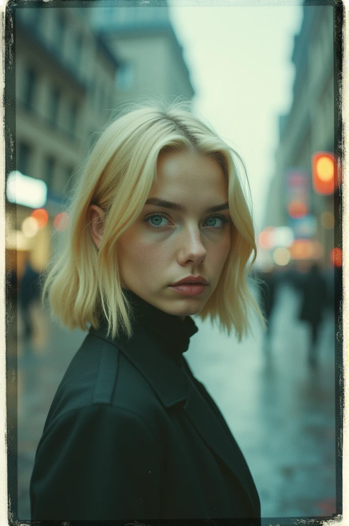 Expired Polaroid of a girl with light blonde hair , round face and blue eyes in a natta city , Kamerablitz, futuristic, romantic, Jewel tones, Motion blur, natta, blurry and out of focus, Black and white photo, ISO 100