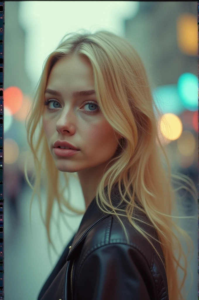 Expired Polaroid of a girl with light blonde hair , round face and blue eyes in a natta city , Kamerablitz, futuristic, romantic, Jewel tones, Motion blur, natta, blurry and out of focus, Black and white photo, ISO 100