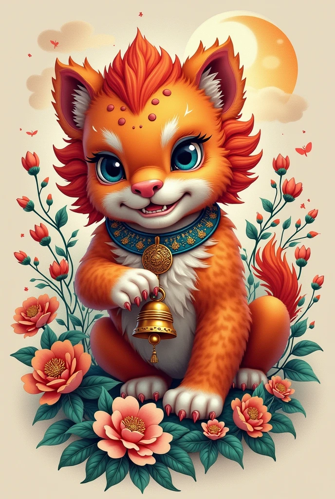 Tattoo of a Chinese lion cub with a collar with its paw holding a bell surrounded by flowers and plants from Eastern mythology