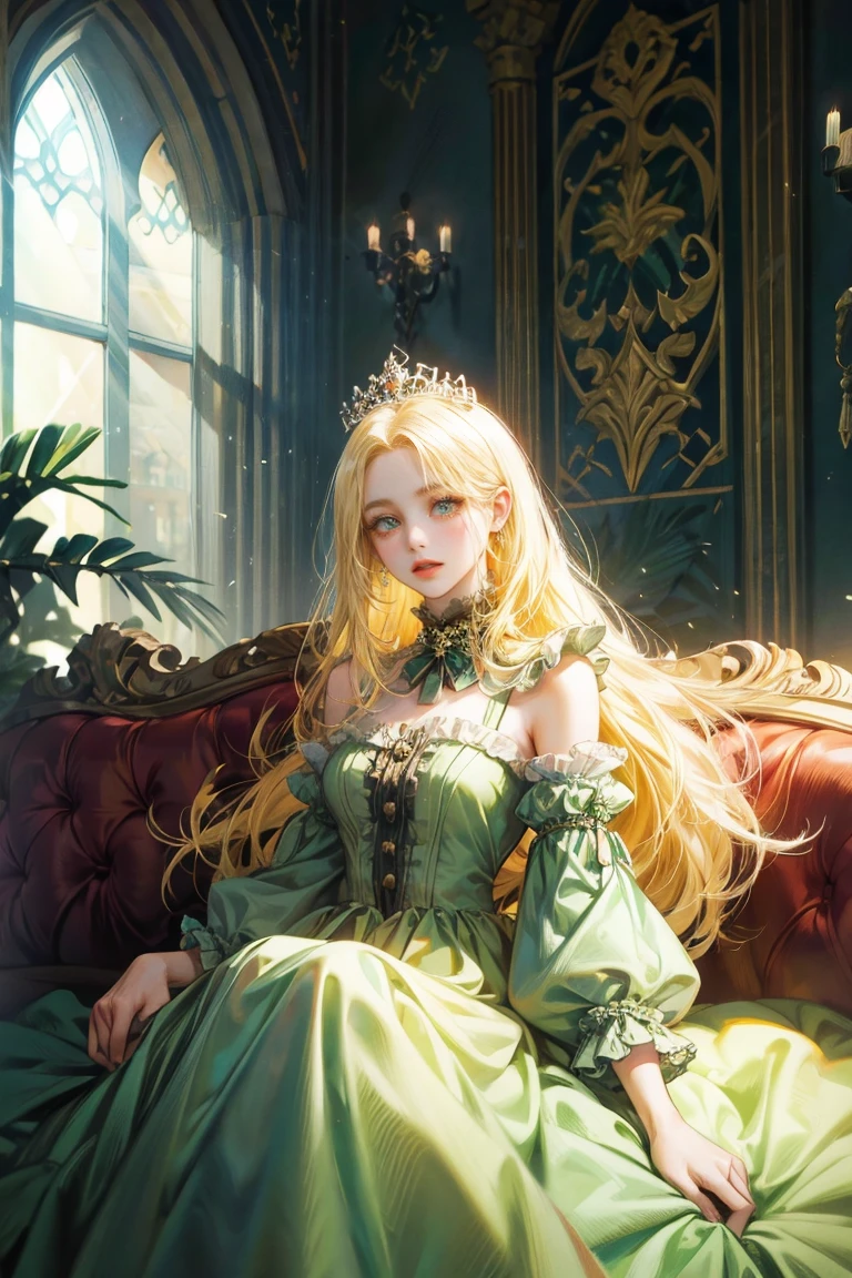 woman with long yellow hair, alone, looking at viewer, green eyes, Green dress with frills on the sleeves, princess