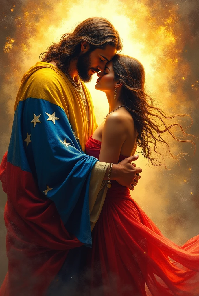 Jesus in power and light and fire embraces a woman dressed in the Venezuelan flag