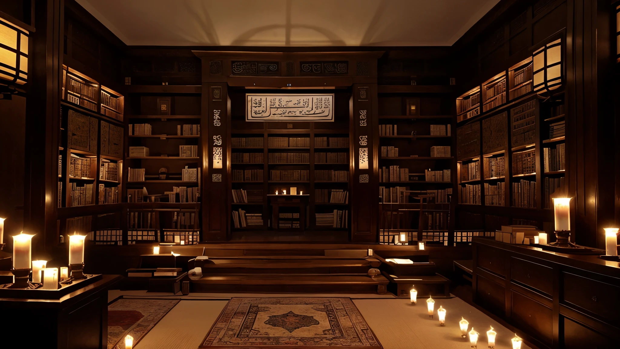 [An ancient Islamic library], with scholars transcribing manuscripts on Chinese paper. The environment must be serene and (((illuminated by candles))), with shelves full of books and a globe, symbolizing the dissemination of knowledge.