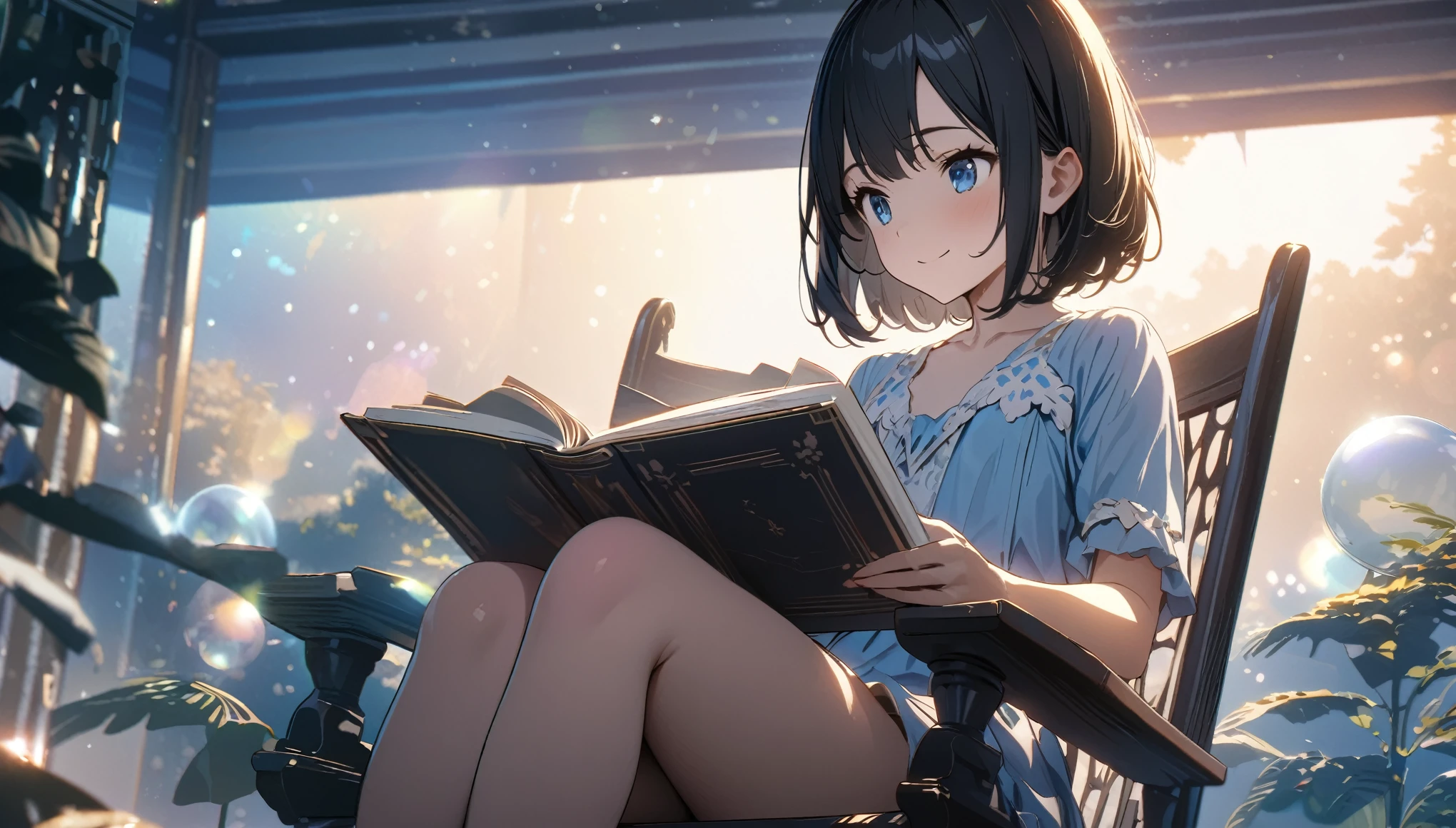 ((ultra-detailed))/ (one women with short black hair and bob hair.、beautiful blue eyes,.、smile、gentle smile on her face、flat chest, one Beautiful girl,((masterpiece, illustration, best quality) ((ultra-detailed))/), sitting on her balcony during day time while sitting on a chair and reading a book ,濃い青とBeautiful Blueのグラデーション, High resolution, 8K HD detail, hyper-detail, cinematic, surrealism, soft light, deep field focus bokeh, ray tracing and surrealism. --v6