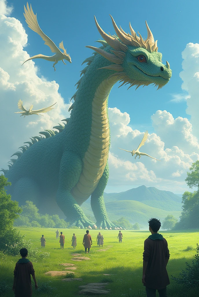 Un dragon immense d'une centaine de mètres recouvre tout une prairie, dragons dance in the sky and the population from behind including one or two with a small dragon on the shoulder look at the giant dragon