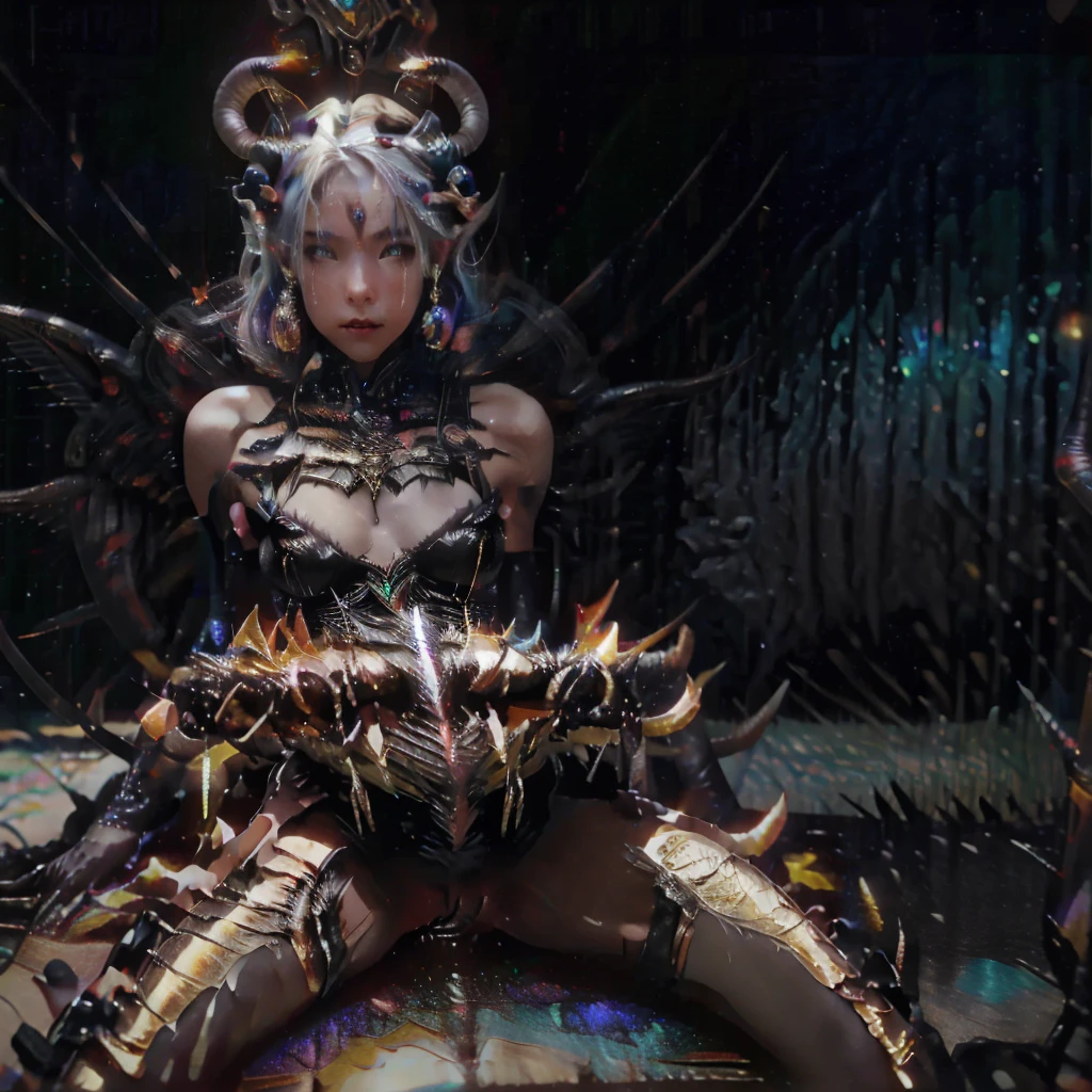 a succubus with a tail in her vagina, sitting on a sex machine, her wings are torn, in a doggy-style pose, with lubricant flowing from her vagina, in rainbow colors, against a background of a black star and galaxy