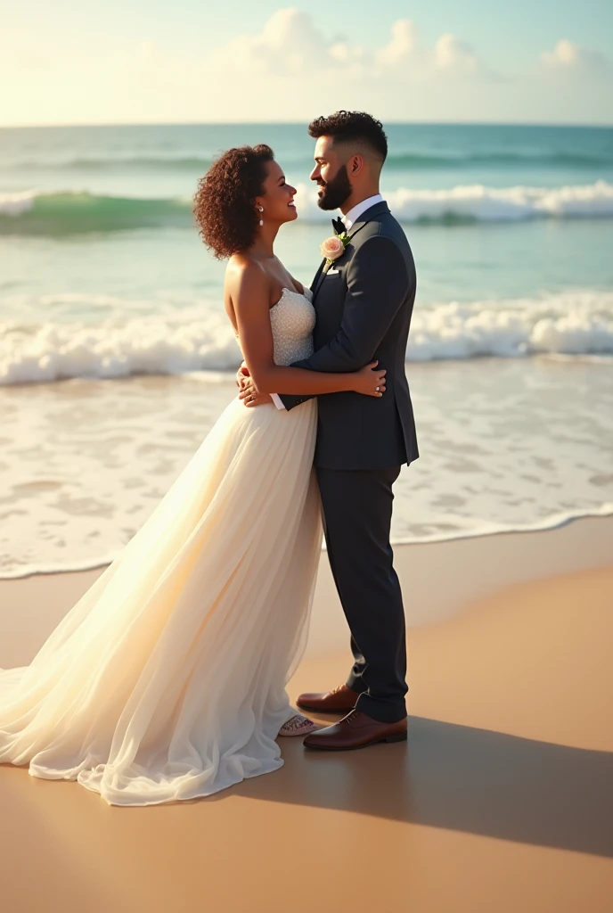 a white straight couple, with curly hair, getting married on the beach, with black hair, the woman with short hair is fuller, and the man with an American haircut with medium length and curly hair