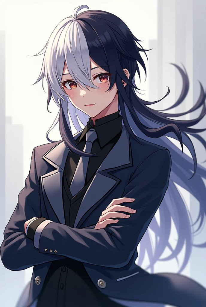 An anime boy with long half white and half black hair