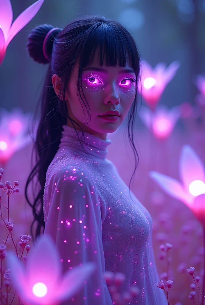 "A futuristic, otherworldly woman with luminous, neon purple features. Her eyes and hair emit a radiant violet glow, blending seamlessly with the surrounding environment. The scene is set in an enchanted digital forest, where holographic plants and flowers pulse with a soft, ethereal purple light. Her skin is slightly reflective, with shimmering patterns that mimic the constellations. She stands gracefully among the glowing flora, her expression calm and inquisitive, embodying the mystique of a cybernetic fairy in a surreal, neon-lit landscape."
