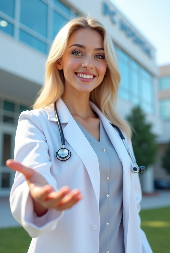 Image of a blonde woman, wearing a lab coat and stethoscope around his neck, smiling and pointing to a hospital, image in pixels