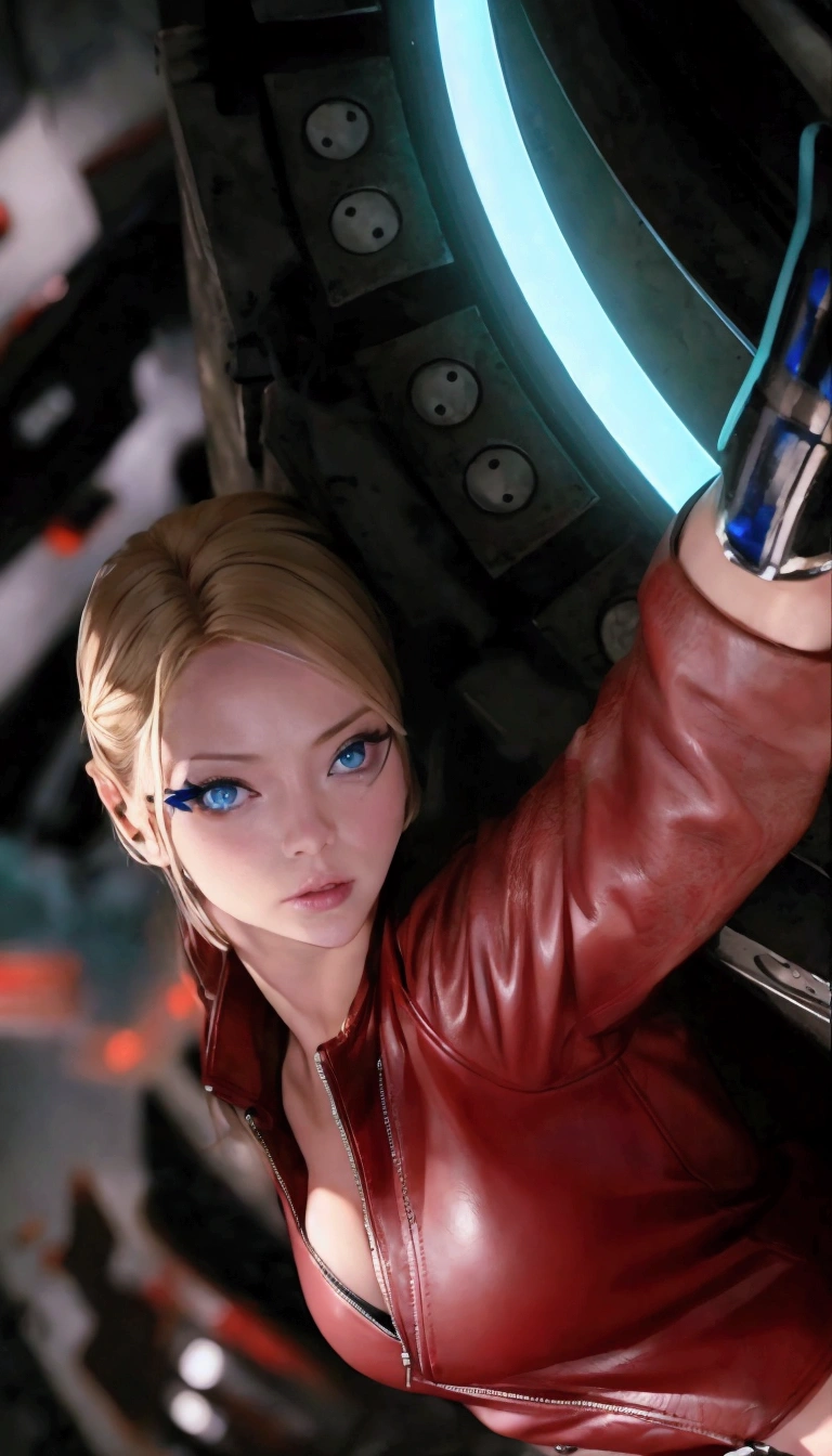 Blonde woman in leather jacket leaning against a wall with a neon light, Kristanna Loken, doom beautiful face,